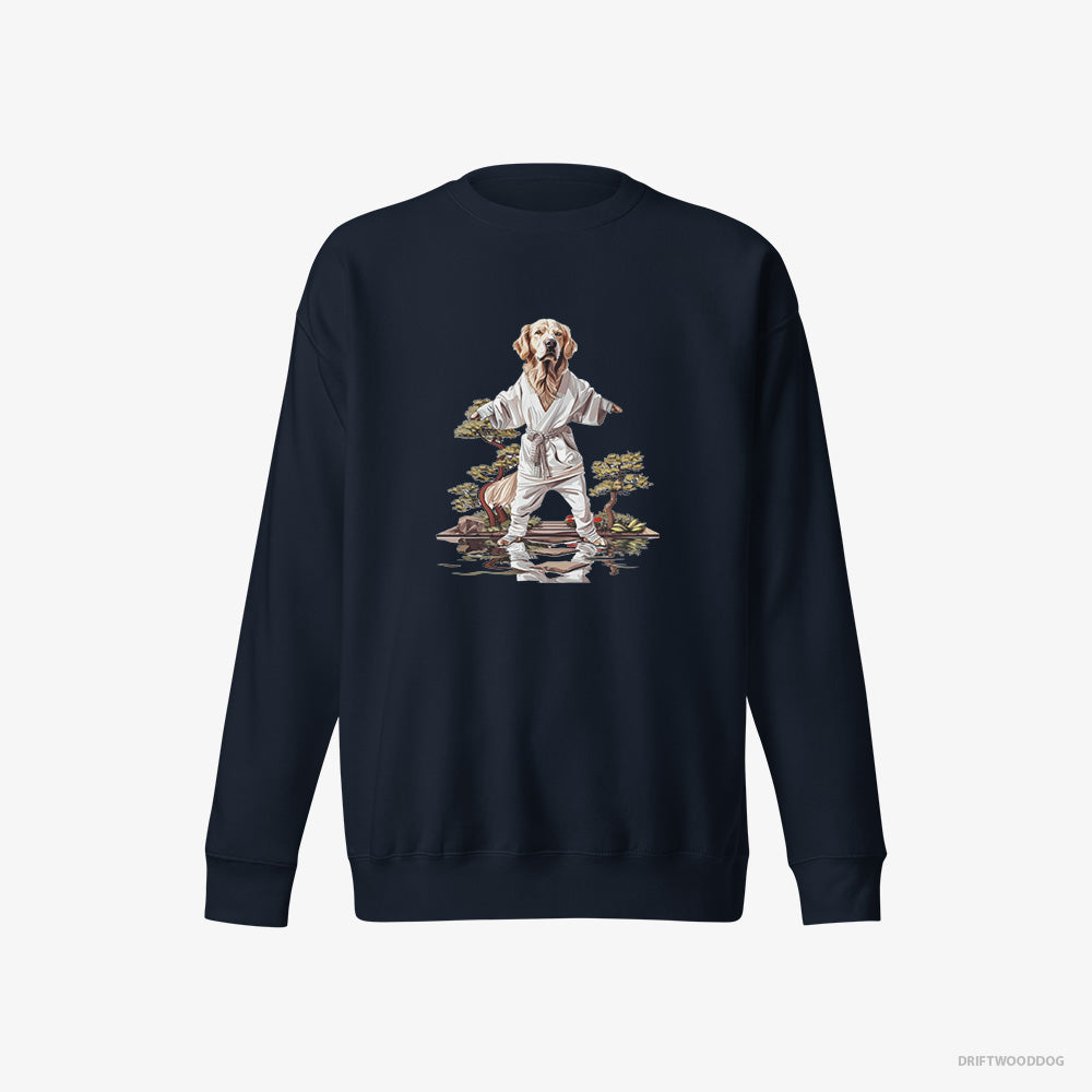 Golden Retriever Sweatshirt – Women Navy Sweatshirt Eco-Friendly – Mastering Stealth in Japanese Zen Garden (on White Background)