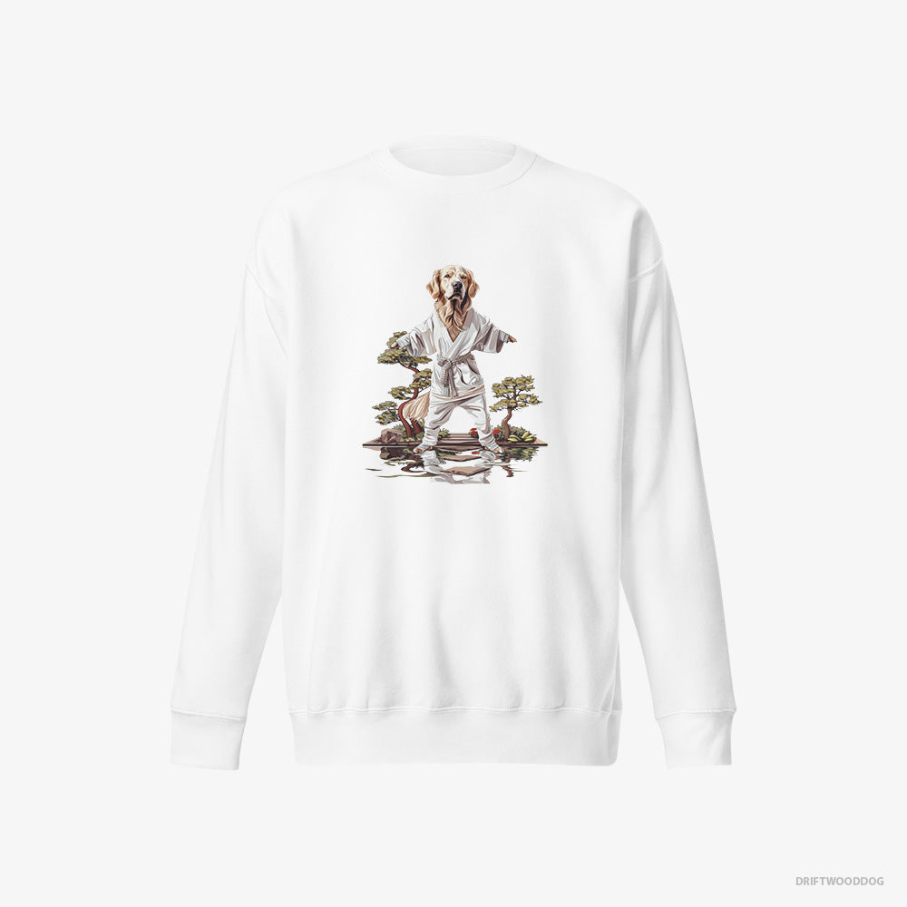 Golden Retriever Sweatshirt – Men White Sweatshirt Eco-Friendly – Mastering Stealth in Japanese Zen Garden (on White Background)