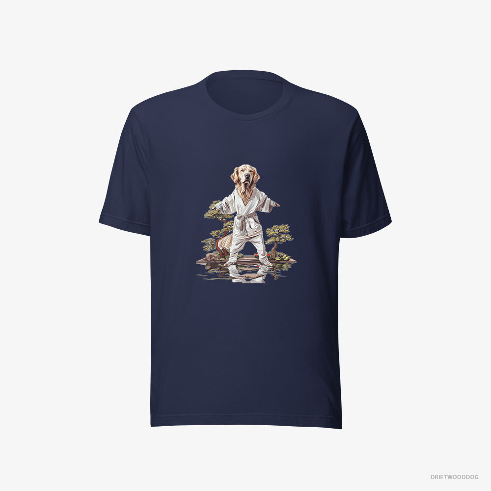 Golden Retriever T-Shirt – Women Navy T-Shirt Eco-Friendly – Mastering Stealth in Japanese Zen Garden (on White Background)