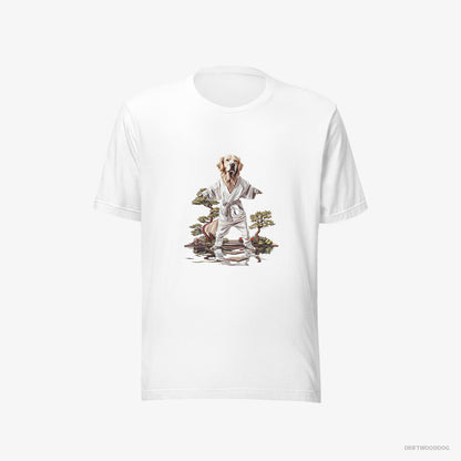 Golden Retriever T-Shirt – Men White T-Shirt Eco-Friendly – Mastering Stealth in Japanese Zen Garden (on White Background)