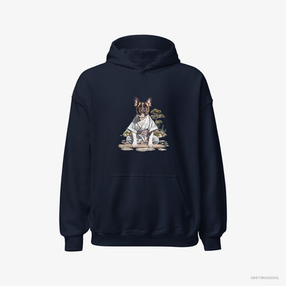 French Bulldog in a Ninja Cloak Among Garden Paths Navy Hoodie