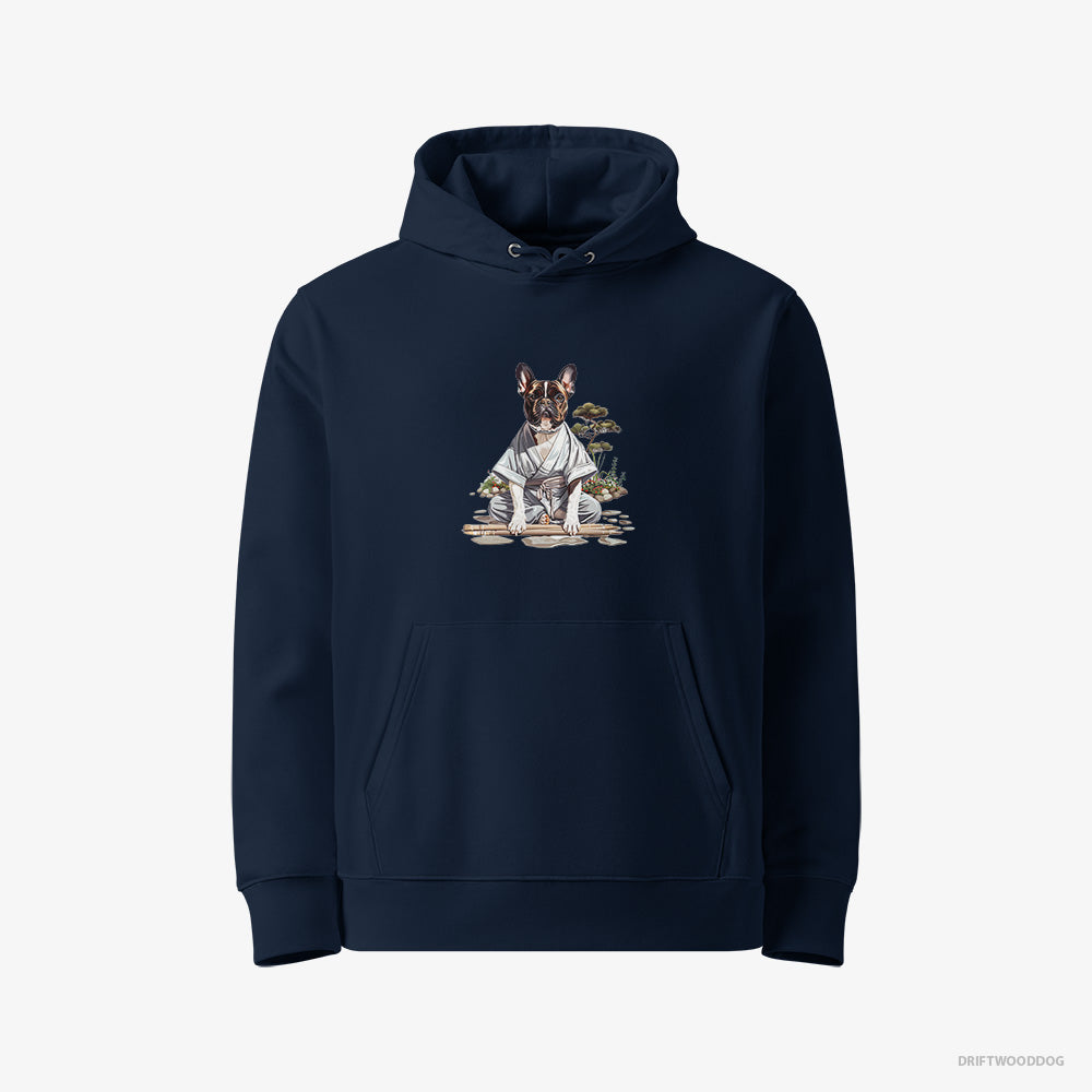 French Bulldog Hoodie – Men Navy Hoodie Eco-Friendly – in a Ninja Cloak Among Garden Paths (on White Background)