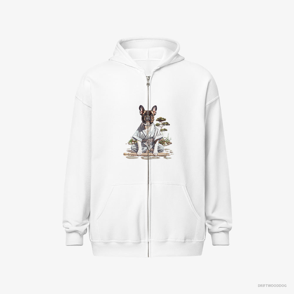 French Bulldog Hoodie – Women White Hoodie Full-Zip – in a Ninja Cloak Among Garden Paths (on White Background)