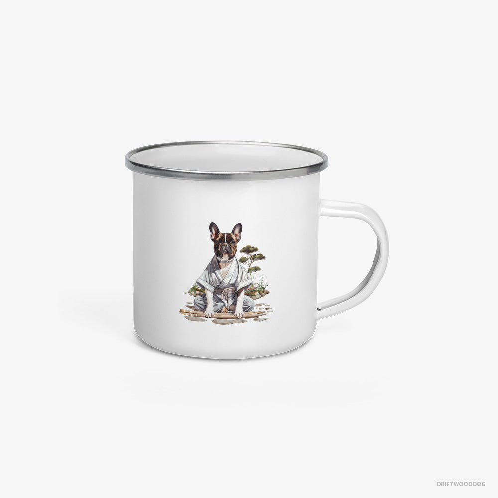 French Bulldog in a Ninja Cloak Among Garden Paths Enamel Mug