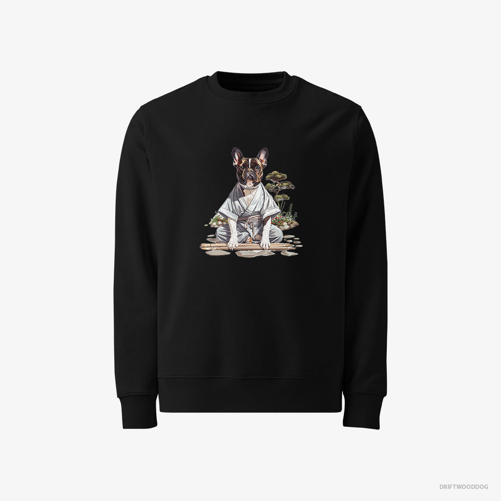 French Bulldog Sweatshirt – Women Black Sweatshirt Classic – in a Ninja Cloak Among Garden Paths (on White Background)