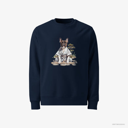 French Bulldog Sweatshirt – Men Navy Sweatshirt Classic – in a Ninja Cloak Among Garden Paths (on White Background)