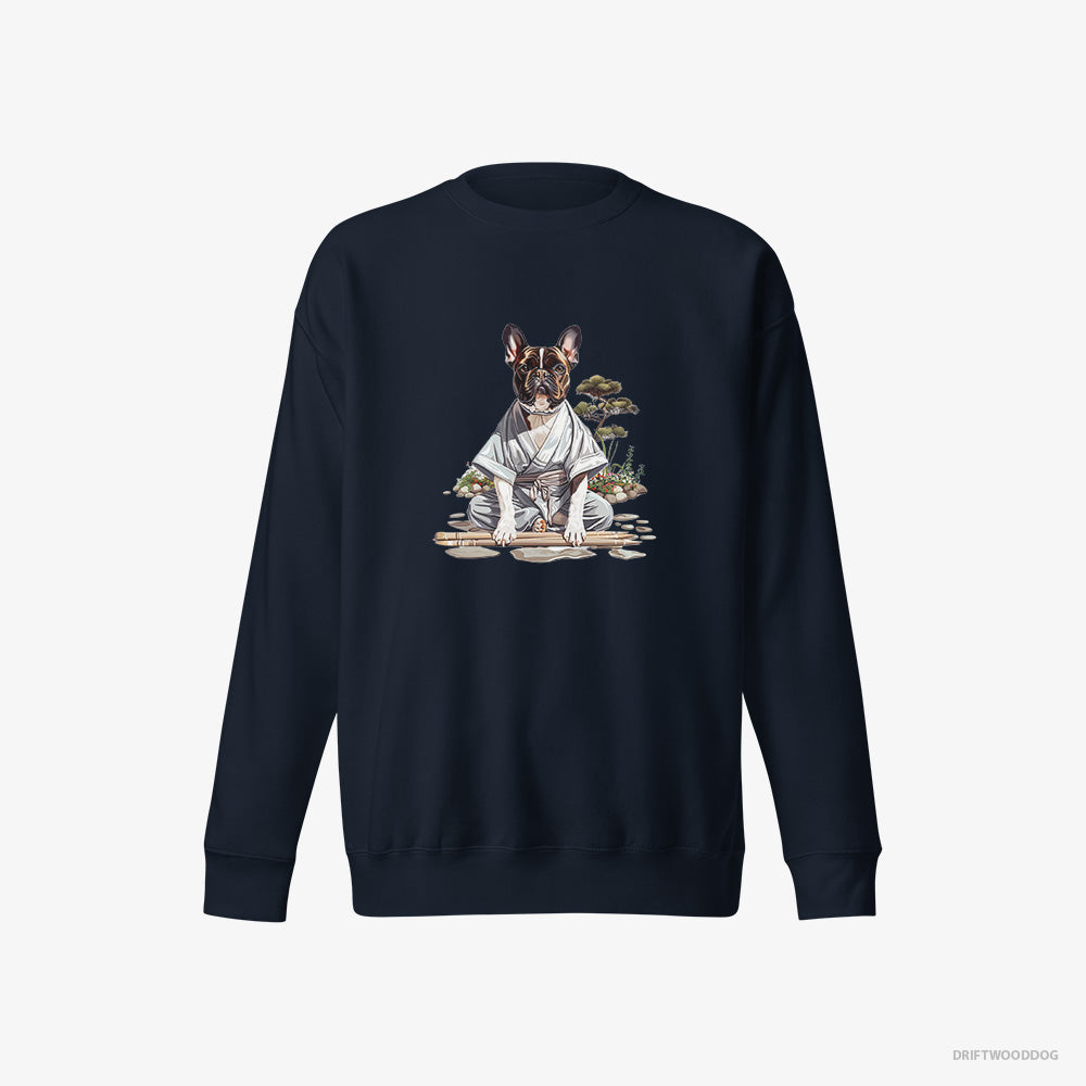 French Bulldog Sweatshirt – Men Navy Sweatshirt Eco-Friendly – in a Ninja Cloak Among Garden Paths (on White Background)