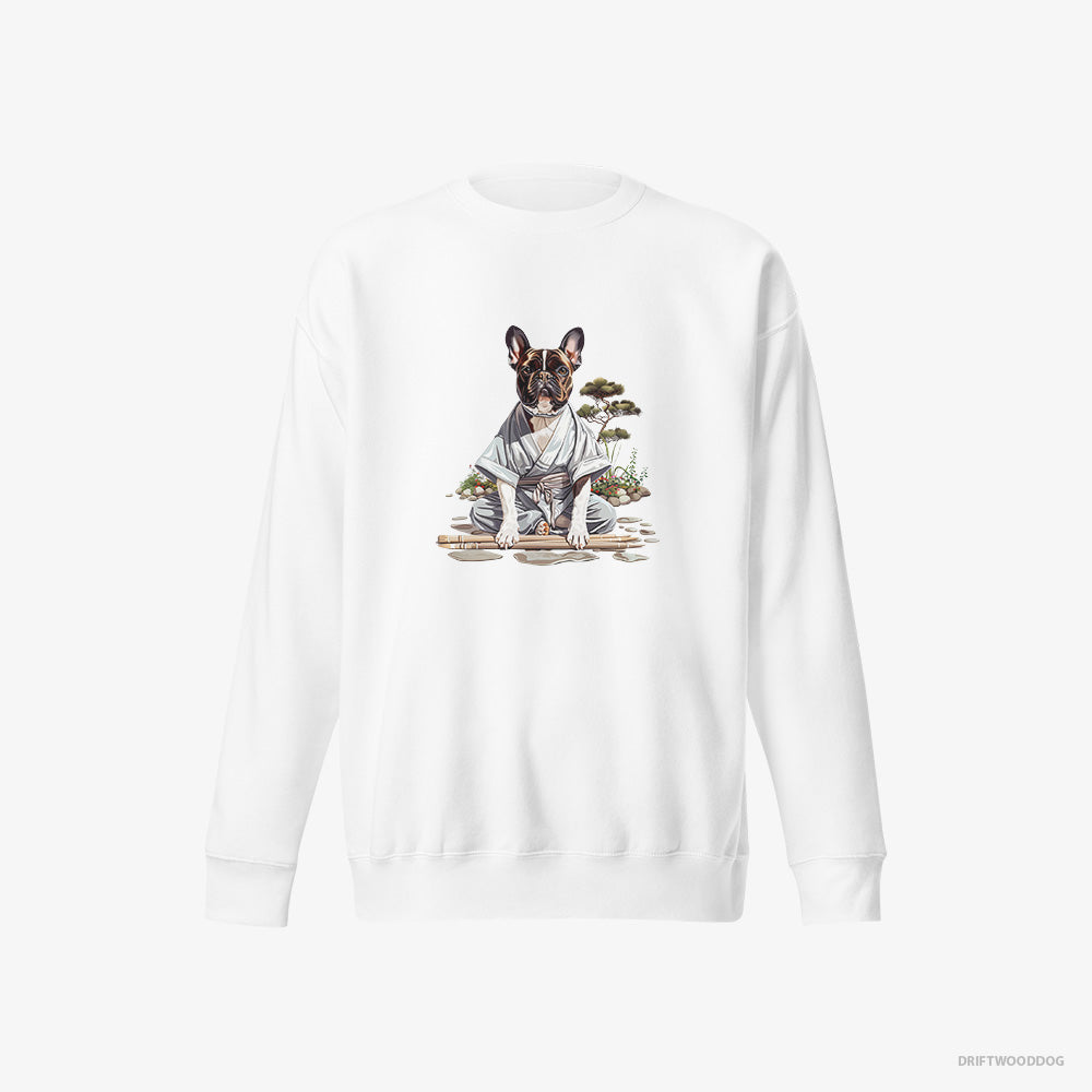 French Bulldog Sweatshirt – Men White Sweatshirt Eco-Friendly – in a Ninja Cloak Among Garden Paths (on White Background)