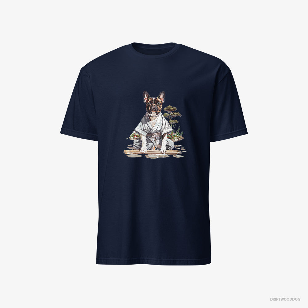 French Bulldog T-Shirt – Men Navy T-Shirt Classic – in a Ninja Cloak Among Garden Paths (on White Background)