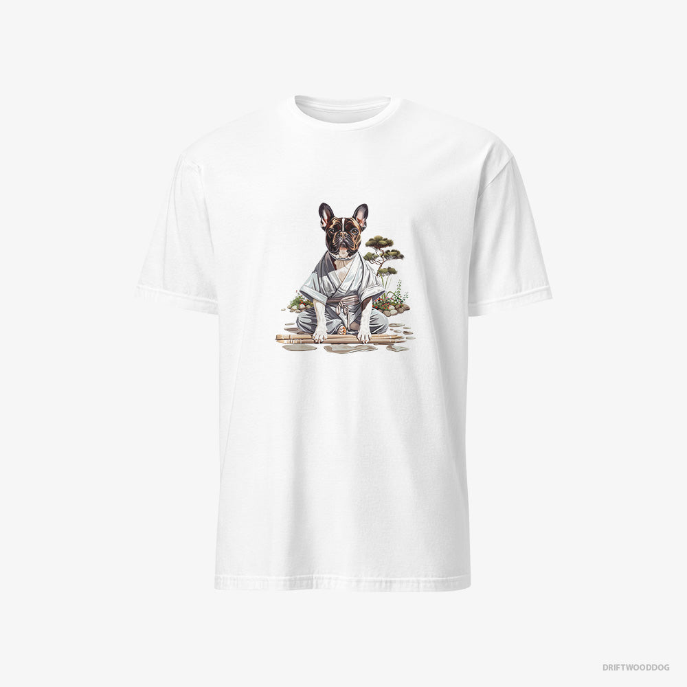 French Bulldog T-Shirt – Men White T-Shirt Classic – in a Ninja Cloak Among Garden Paths (on White Background)