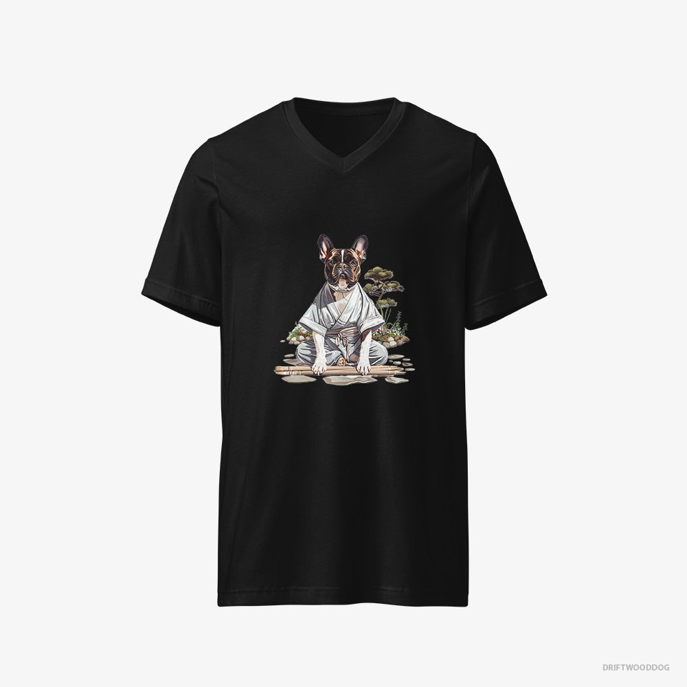 French Bulldog T-Shirt – Men Black T-Shirt V-Neck – in a Ninja Cloak Among Garden Paths (on White Background)