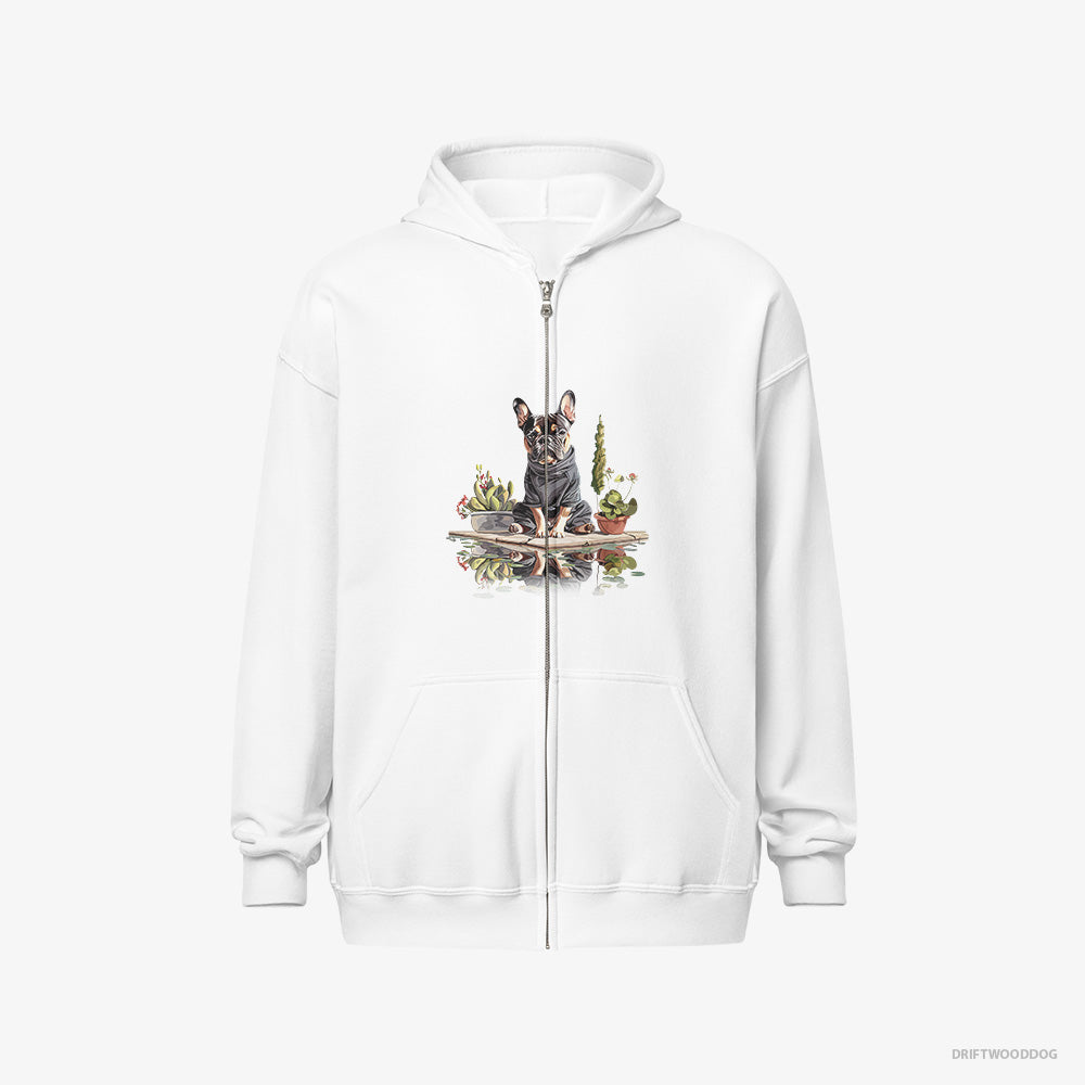 French Bulldog Hoodie – Men White Hoodie Full-Zip – in a Ninja's Shadow (on White Background)