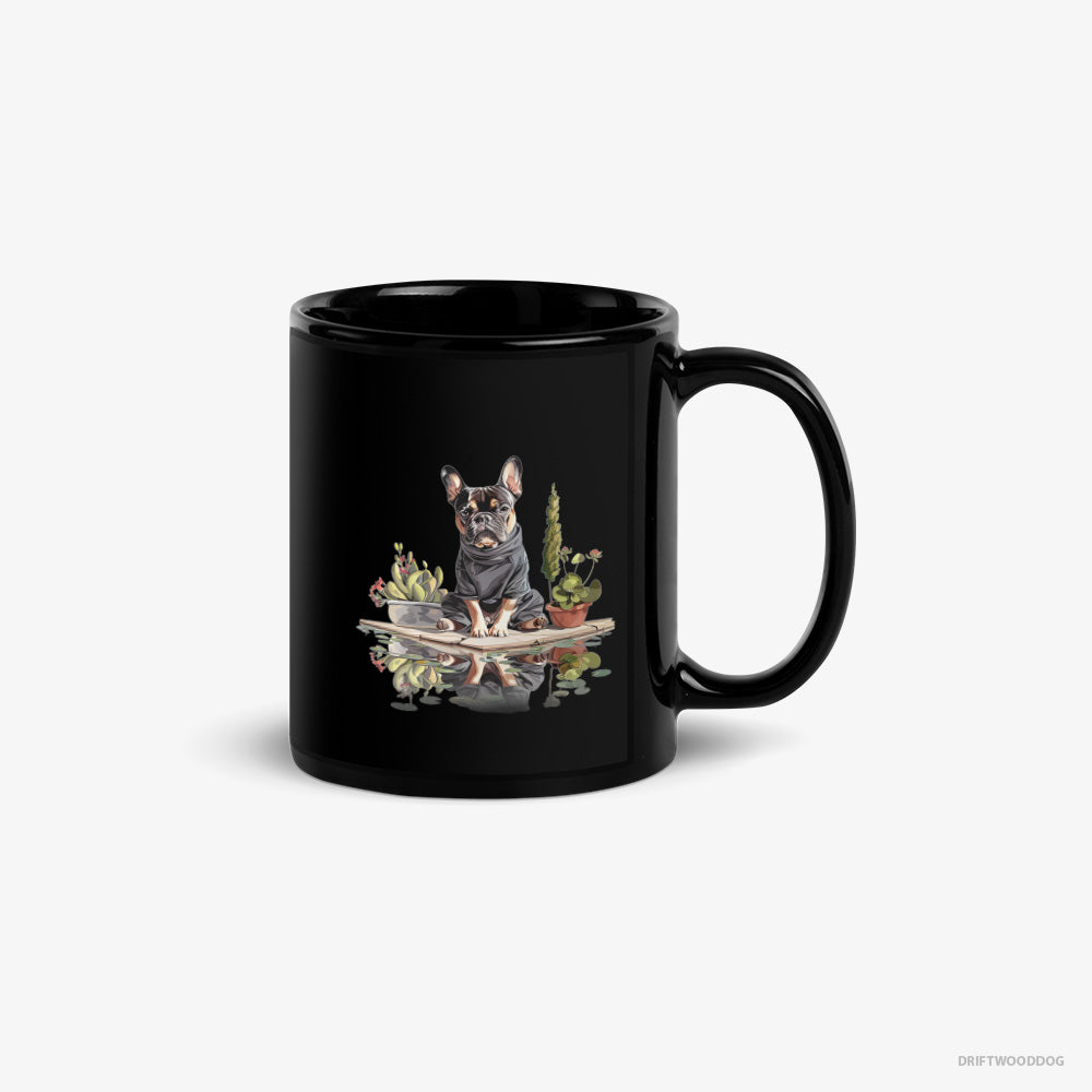 French Bulldog Mug – Unisex Black Mug Classic – in a Ninja's Shadow (on White Background)