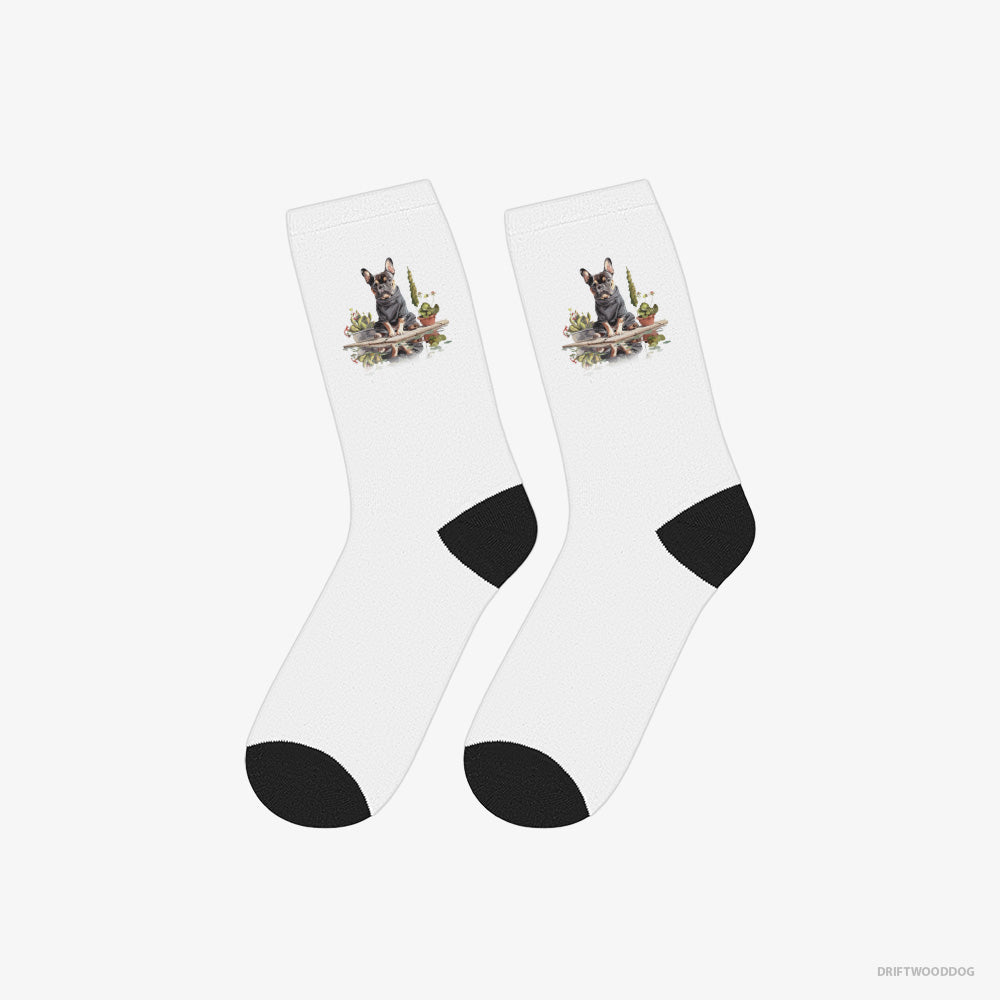 French Bulldog Socks – Unisex White Socks Classic – in a Ninja's Shadow (on White Background)