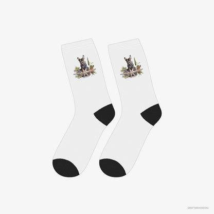 French Bulldog Socks – Unisex White Socks Eco-Friendly – in a Ninja's Shadow (on White Background)