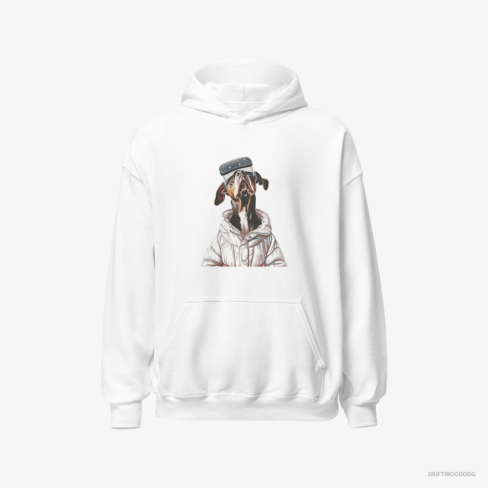 Dobermann Hoodie – Women White Hoodie Classic – Exploring a VR World (on White Background)