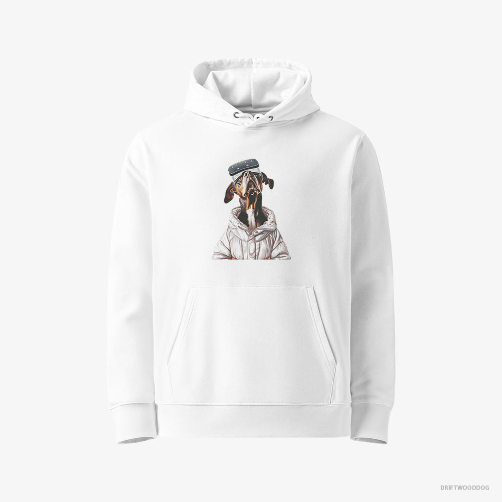 Dobermann Hoodie – Women White Hoodie Eco-Friendly – Exploring a VR World (on White Background)