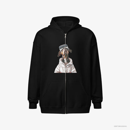 Dobermann Hoodie – Women Black Hoodie Full-Zip – Exploring a VR World (on White Background)