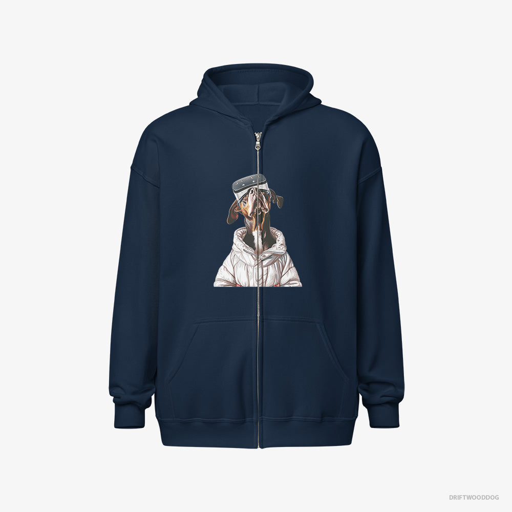 Dobermann Hoodie – Women Navy Hoodie Full-Zip – Exploring a VR World (on White Background)