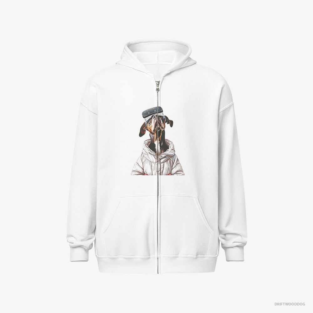 Dobermann Hoodie – Women White Hoodie Full-Zip – Exploring a VR World (on White Background)