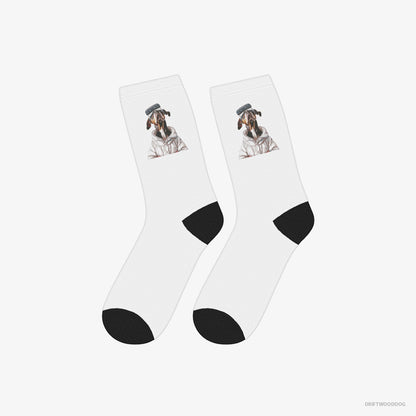 Dobermann Socks – Unisex White Socks Eco-Friendly – Exploring a VR World (on White Background)