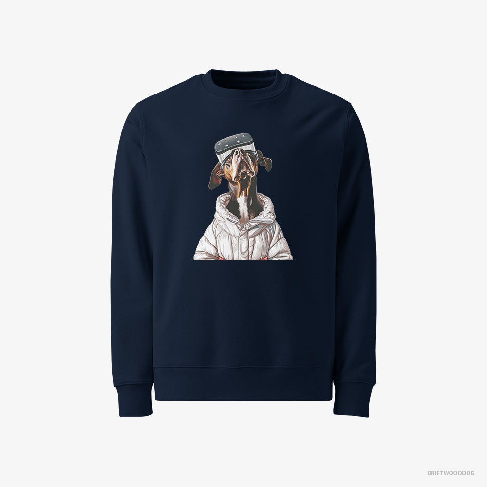 Dobermann Sweatshirt – Women Navy Sweatshirt Classic – Exploring a VR World (on White Background)