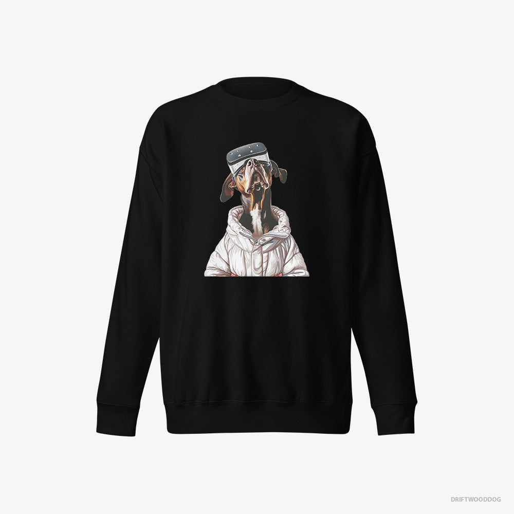 Dobermann Sweatshirt – Women Black Sweatshirt Eco-Friendly – Exploring a VR World (on White Background)