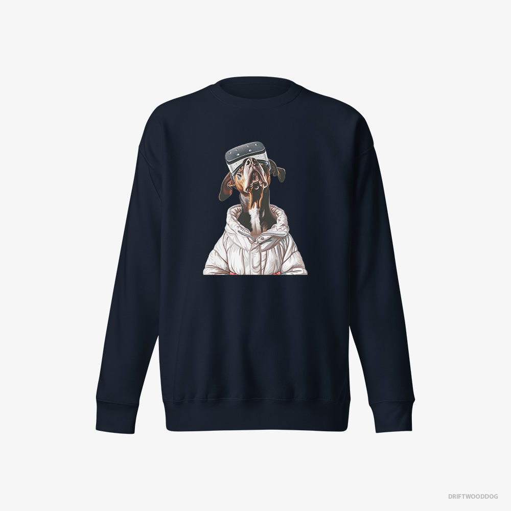 Dobermann Sweatshirt – Women Navy Sweatshirt Eco-Friendly – Exploring a VR World (on White Background)