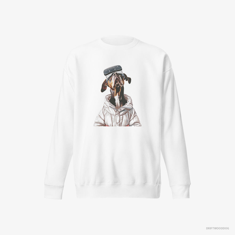 Dobermann Sweatshirt – Women White Sweatshirt Eco-Friendly – Exploring a VR World (on White Background)