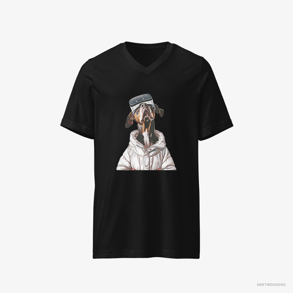 Dobermann T-Shirt – Women Black T-Shirt V-Neck – Exploring a VR World (on White Background)