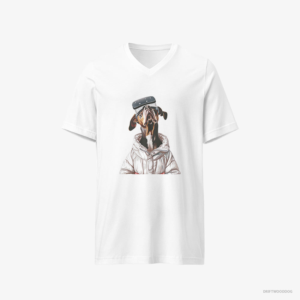 Dobermann T-Shirt – Women White T-Shirt V-Neck – Exploring a VR World (on White Background)