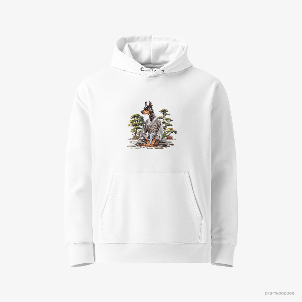 Dobermann Hoodie – Men White Hoodie Eco-Friendly – Ninja Hidden in a Japanese Garden (on White Background)