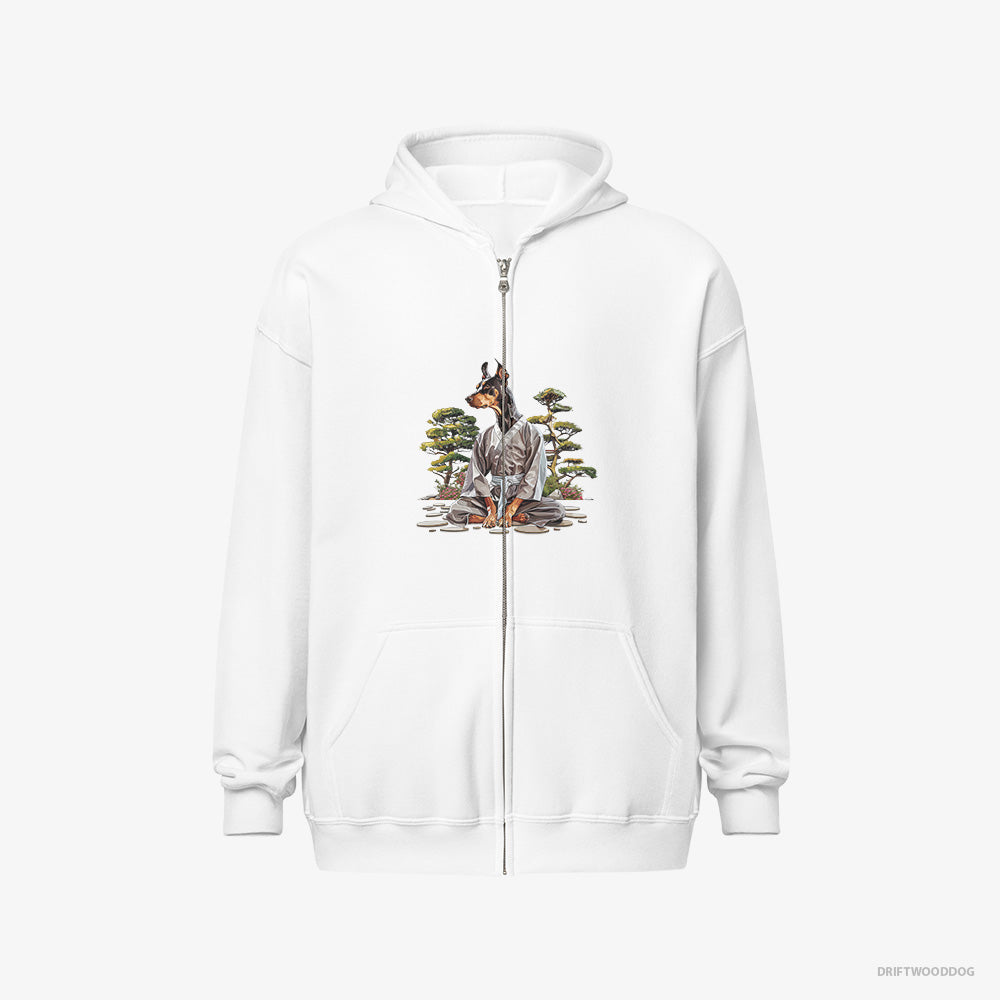 Dobermann Hoodie – Women White Hoodie Full-Zip – Ninja Hidden in a Japanese Garden (on White Background)