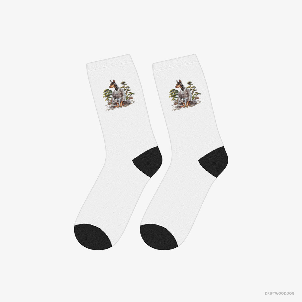 Dobermann Socks – Unisex White Socks Classic – Ninja Hidden in a Japanese Garden (on White Background)