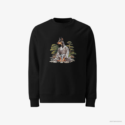 Dobermann Sweatshirt – Men Black Sweatshirt Classic – Ninja Hidden in a Japanese Garden (on White Background)