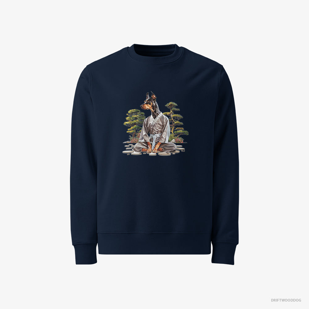 Dobermann Sweatshirt – Men Navy Sweatshirt Classic – Ninja Hidden in a Japanese Garden (on White Background)