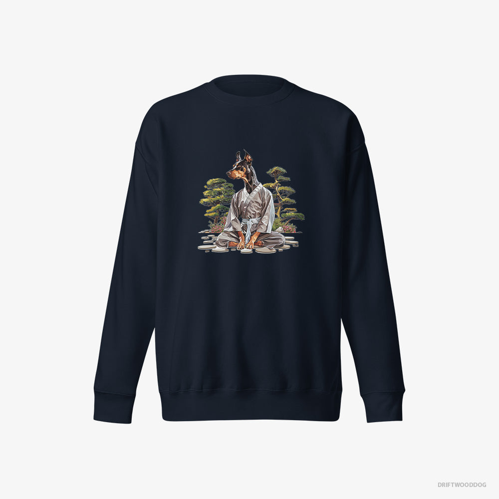 Dobermann Sweatshirt – Women Navy Sweatshirt Eco-Friendly – Ninja Hidden in a Japanese Garden (on White Background)