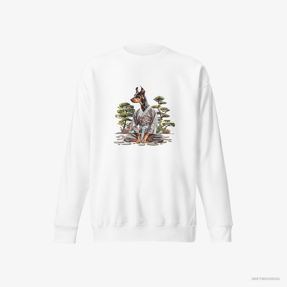 Dobermann Sweatshirt – Men White Sweatshirt Eco-Friendly – Ninja Hidden in a Japanese Garden (on White Background)