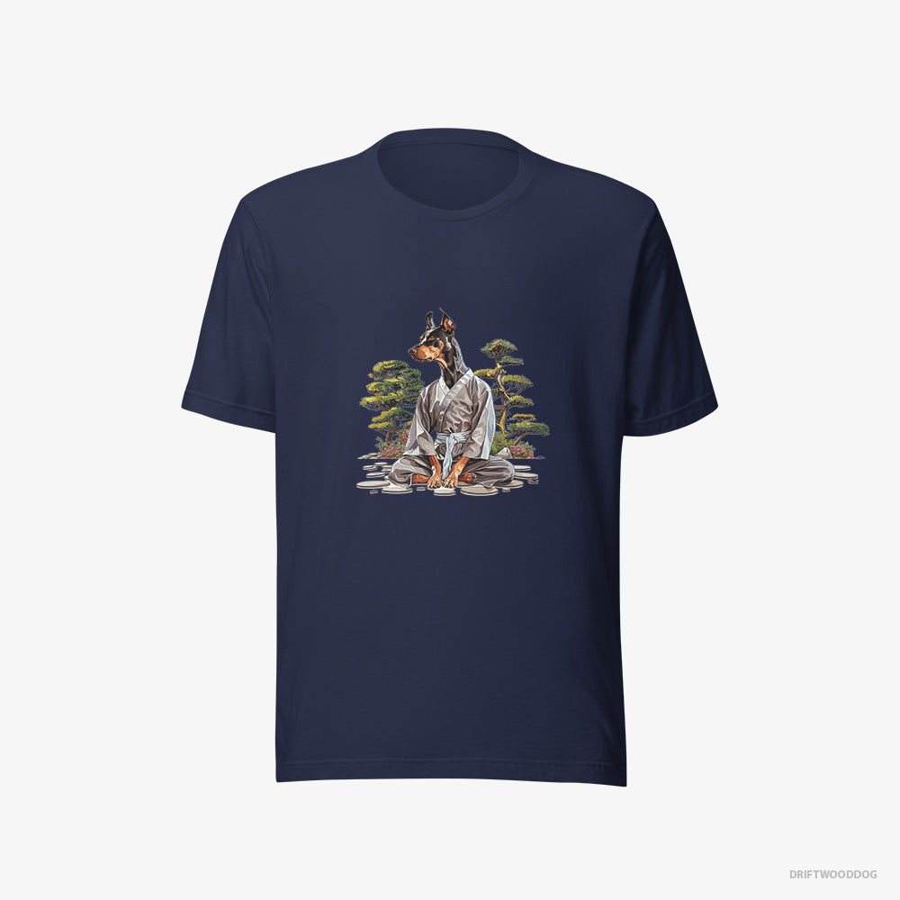 Dobermann T-Shirt – Women Navy T-Shirt Eco-Friendly – Ninja Hidden in a Japanese Garden (on White Background)