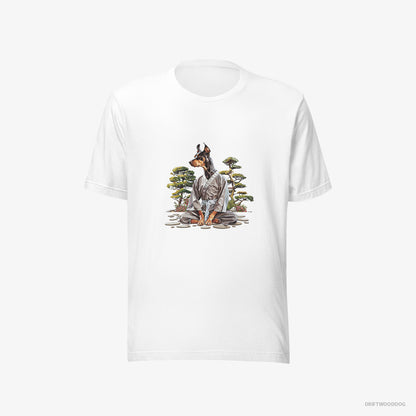 Dobermann T-Shirt – Men White T-Shirt Eco-Friendly – Ninja Hidden in a Japanese Garden (on White Background)