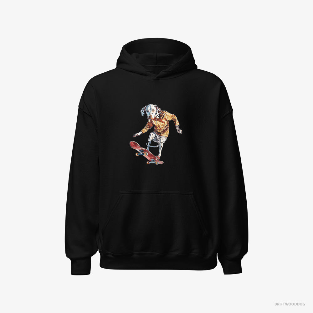 Dalmatian Hoodie – Men Black Hoodie Classic – Balancing on a Skateboard (on White Background)