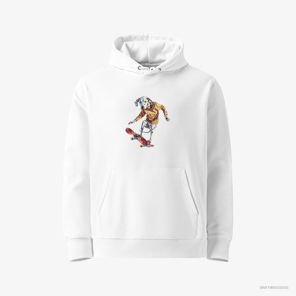 Dalmatian Hoodie – Men White Hoodie Eco-Friendly – Balancing on a Skateboard (on White Background)