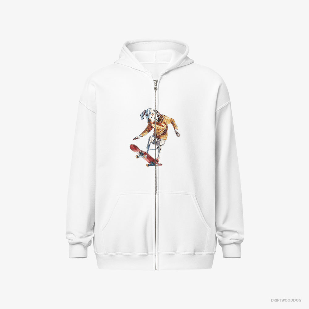 Dalmatian Hoodie – Women White Hoodie Full-Zip – Balancing on a Skateboard (on White Background)