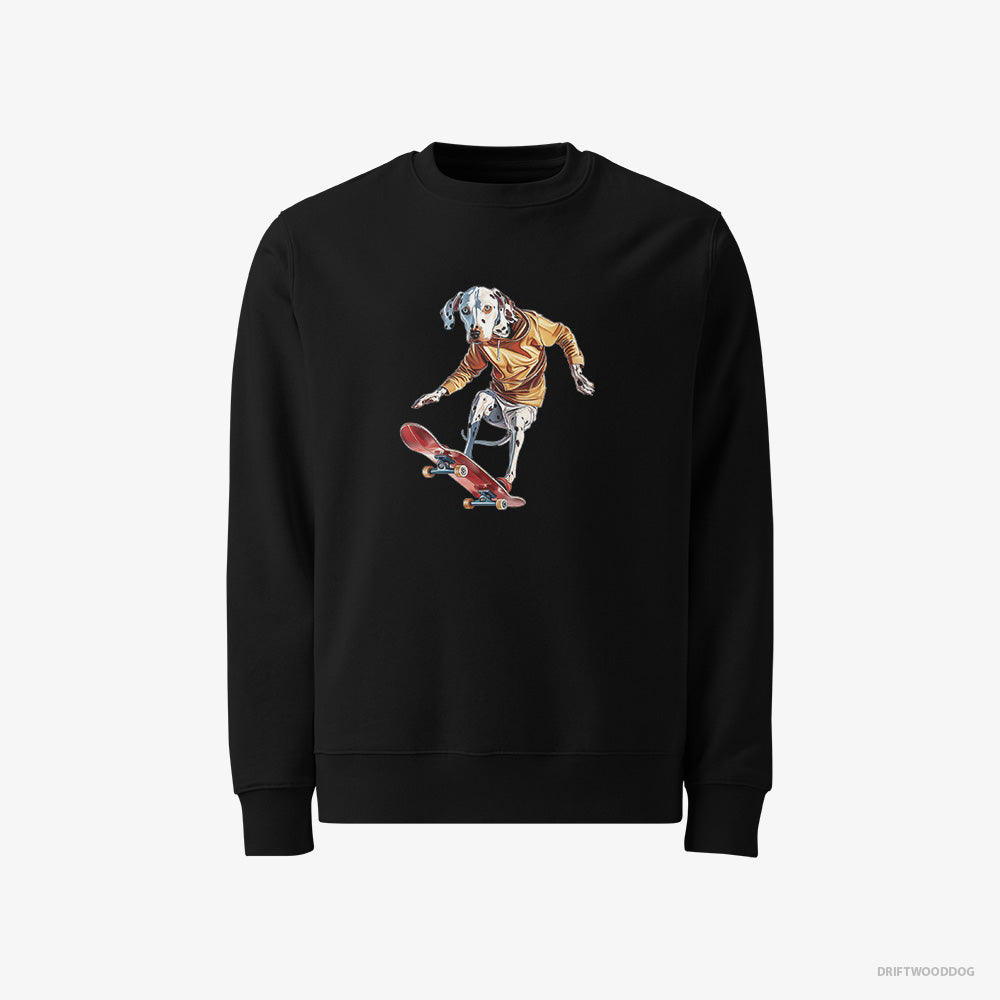 Dalmatian Sweatshirt – Men Black Sweatshirt Classic – Balancing on a Skateboard (on White Background)