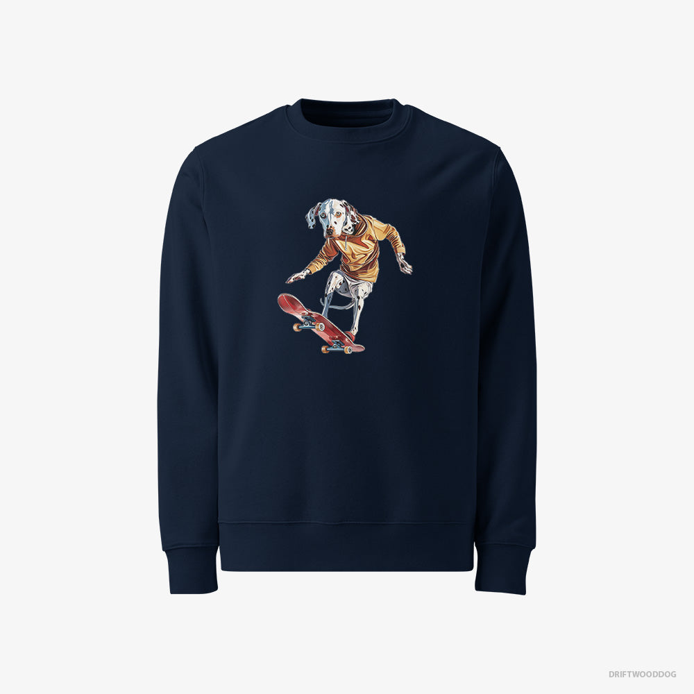 Dalmatian Sweatshirt – Men Navy Sweatshirt Classic – Balancing on a Skateboard (on White Background)