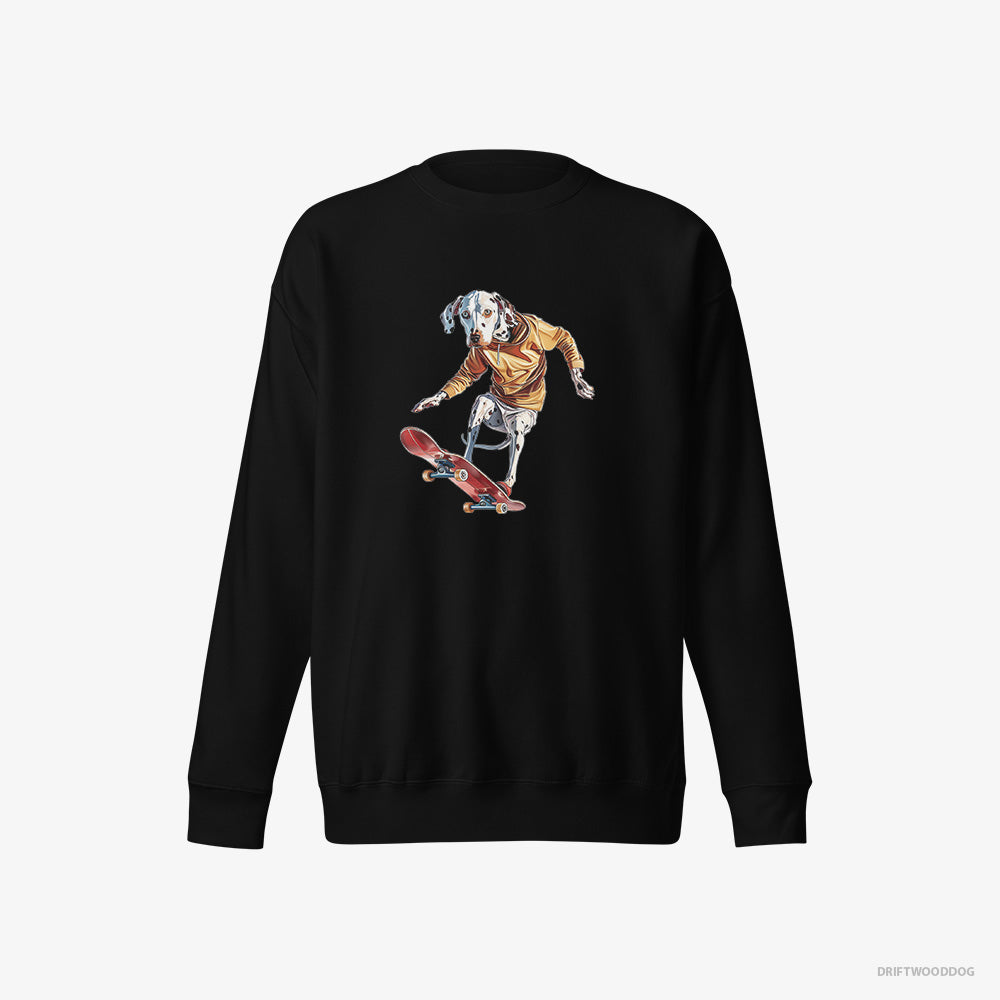 Dalmatian Sweatshirt – Men Black Sweatshirt Eco-Friendly – Balancing on a Skateboard (on White Background)