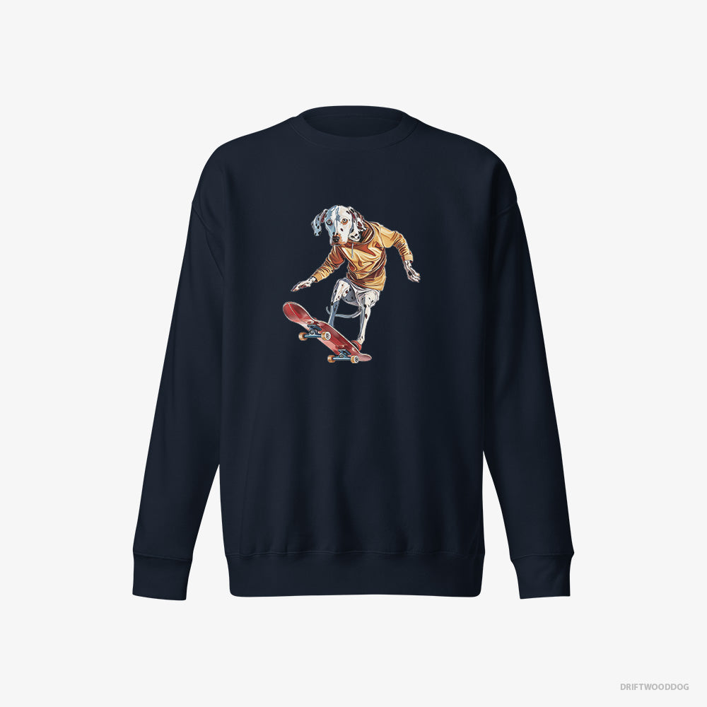 Dalmatian Sweatshirt – Women Navy Sweatshirt Eco-Friendly – Balancing on a Skateboard (on White Background)