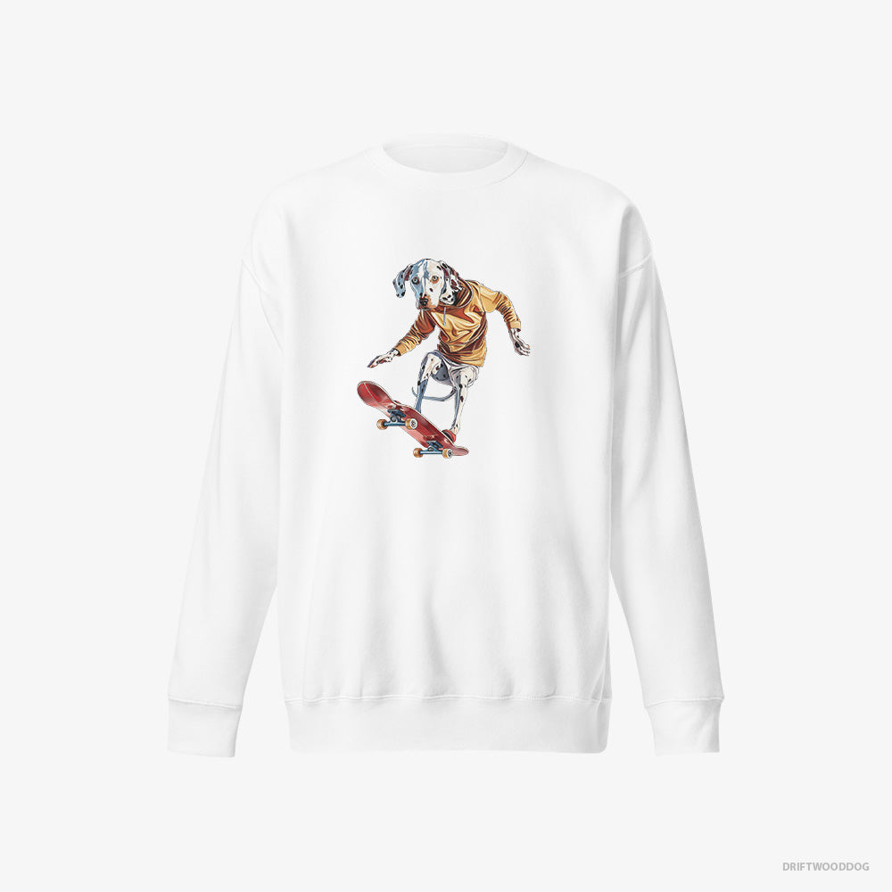 Dalmatian Sweatshirt – Men White Sweatshirt Eco-Friendly – Balancing on a Skateboard (on White Background)