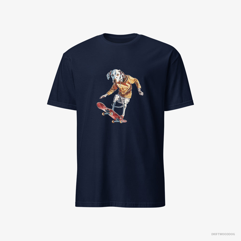 Dalmatian T-Shirt – Women Navy T-Shirt Classic – Balancing on a Skateboard (on White Background)