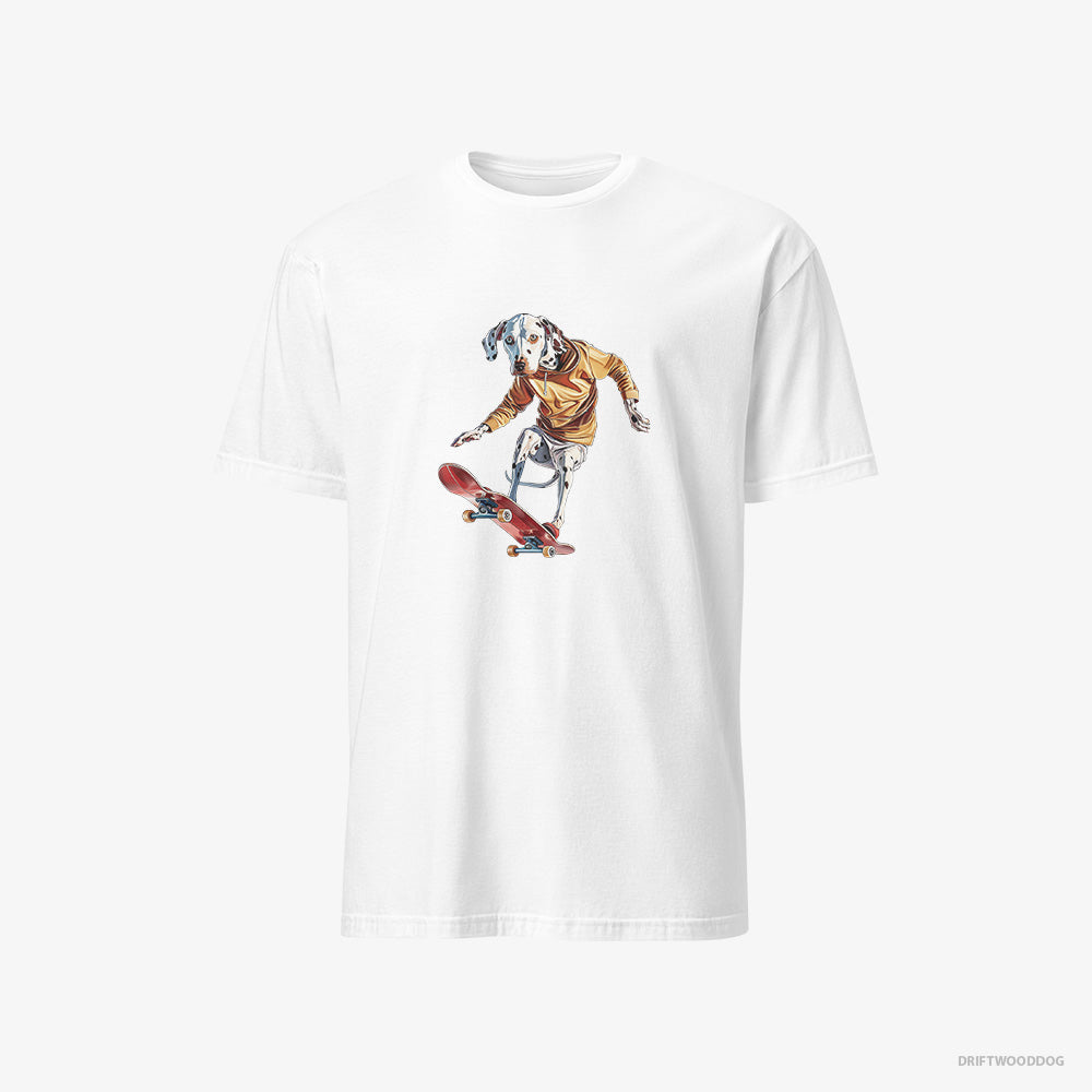 Dalmatian T-Shirt – Men White T-Shirt Classic – Balancing on a Skateboard (on White Background)